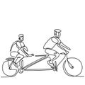 Continuous line drawing of two young man riding bicycles hand-drawn line art minimalism style on white background. Energetic male