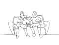 Continuous line drawing of two young men soccer fans club handshaking and sitting on a couch to watch football match. Dynamic Royalty Free Stock Photo