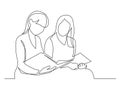 Continuous line drawing of two young women reading book