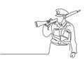 Continuous line drawing of uniformed police officer on duty. A senior policeman stands with a gun in his hand isolated image