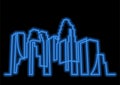 Continuous line drawing of urban skyscrapers with neon vector effect