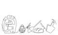 Continuous line drawing vector baker set, black and white sketch of bread maker accessories. One line hand drawn