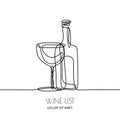 Continuous line drawing. Vector linear black illustration of wine bottle and glass isolated on white background.