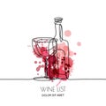 Continuous line drawing. Vector linear illustration of red or rose wine and glass on watercolor splashes background. Royalty Free Stock Photo