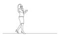 Continuous line drawing of walking business woman speaking on mobile phone