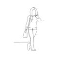 continuous line drawing of walking woman reading smart phone. isolated sketch drawing of walking woman reading smart phone line Royalty Free Stock Photo