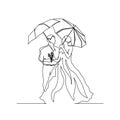 Continuous line drawing of wedding couple hanging umbrella. single drawing line art of doodle wedding, bride, groom, couple, love