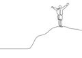 Continuous line drawing of winner man on mountain peak. Climber on mountain top silhouette. Victory symbol. Template for your
