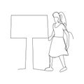 Continuous line drawing of woman and billboard. isolated sketch drawing of woman and billboard line concept. outline thin stroke