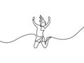 Continuous line drawing Woman jumps for happy. Vector illustration.