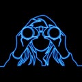 Continuous line drawing Woman looks through binoculars icon neon glow vector illustration concept Royalty Free Stock Photo