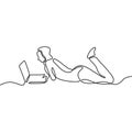 Continuous line drawing of woman lying with laptop computer. Barefoot young girl relaxation vector illustration. Relaxing person