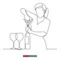 Continuous line drawing of Woman opens a bottle of wine with a corkscrew. Template for your design works. Vector illustration