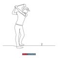 Continuous line drawing of Woman playing golf. The girl swings a stick to hit the ball. Template for your design. Vector