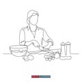 Continuous line drawing of Woman prepares food in her own kitchen. Cooking scene. Template for your design. Vector illustration