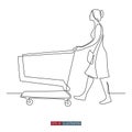 Continuous line drawing of Woman pushes a shopping cart. Girl in the supermarket. Shopping. Template for your design. Vector