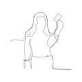 continuous line drawing of woman showing cit card. isolated sketch drawing of woman showing cit card line concept. outline thin