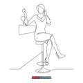 Continuous line drawing of A woman is sitting at the bar with a glass of wine and talking on the phone. Template for your design. Royalty Free Stock Photo