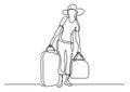 Continuous line drawing of woman traveler carrying baggage