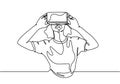 Continuous line drawing woman with virtual reality glasses device vector illustration. She enjoy look with her gadget