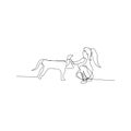 continuous line drawing of woman walking with dog. isolated sketch drawing of woman walking with dog line concept. outline thin Royalty Free Stock Photo