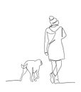 Continuous line drawing of woman walking exercise with dog. One continuous single drawing line art doodle girl dog young