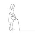 continuous line drawing of a woman watering a plant