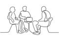 Continuous line drawing of work team having meeting. Business meeting and discussion. Three persons talking each other. Interested