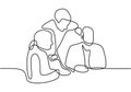 Continuous line drawing of work team having meeting. Business meeting and discussion. Three persons talking each other. Interested