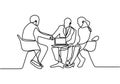 Continuous line drawing of work team having meeting. Business meeting and discussion. Three persons talking each other. Interested