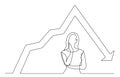 Continuous line drawing of worried woman thinking about decreasing graph