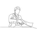 Continuous line drawing of young doctor handshake the patient in hospital after running test on lab. Healthcare medical check up