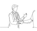 Continuous line drawing of young doctor shaking hand the patient in hospital. Healthcare medical check up concept. One line