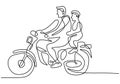 Continuous line drawing of young father riding a motorcycle with his little son isolated on white background. Father`s Day theme