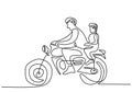 Continuous line drawing of young father riding a motorcycle with his little son isolated on white background. Father`s Day theme