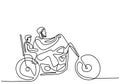 Continuous line drawing of young father riding a motorcycle with his little son isolated on white background. Father`s Day theme