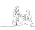 Continuous line drawing of young happy female doctor visit a patient who laying on bed in hospital and handshaking him to ask the Royalty Free Stock Photo