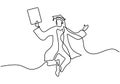 Continuous line drawing of young happy male student jumping to celebrate his final exam result graduation hand drawn art