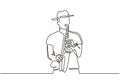 Continuous line drawing young man blowing saxophone trumpet brass instrument jazz classical music theme vector illustration