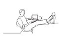 Continuous line drawing of young man sitting with laptop-computer with his feet on desk
