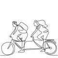 Continuous line drawing of young man and woman riding bicycles hand-drawn line art minimalism style on white background. Energetic