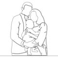 Continuous line drawing Young parents mother and father family standing and holding newborn baby Happy family concept