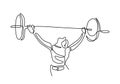 Continuous line drawing of young strong weightlifter woman preparing for barbell workout in gym isolated on white background.