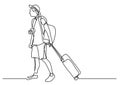 Continuous line drawing of young traveler rolling bag on wheels