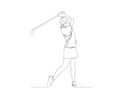Continuous line drawing of young woman playing golf. Single one line art concept of professional golfer swinging the stick to hit Royalty Free Stock Photo