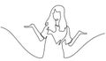 Continuous Line Drawing of Young woman spread her hand and shrugging shoulder. I do not know. Oops Sorry Asking question