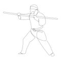 Continuous line drawing of young wushu master man, kung fu warrior in kimono with long staff on training. Martial art Royalty Free Stock Photo