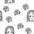 Continuous line face women seamless pattern - Vector Endless Background Fashion Female Portrait one line Style Royalty Free Stock Photo