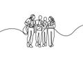 Continuous line group of talking students. First day of college. Vector illustration.