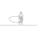 Continuous line guy stand up with paddleboard or surfboard. Vector illustration.